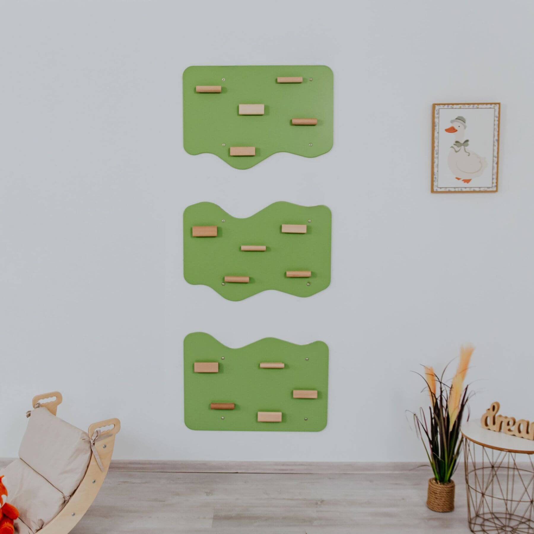 Wood and Hearts Indoor Rock Wall with Cloud-Shaped Panels & Wooden Climbing Holds - Pistachio