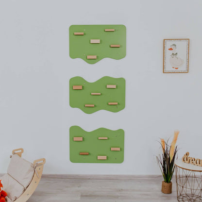 Wood and Hearts Indoor Rock Wall with Cloud-Shaped Panels & Wooden Climbing Holds - Pistachio