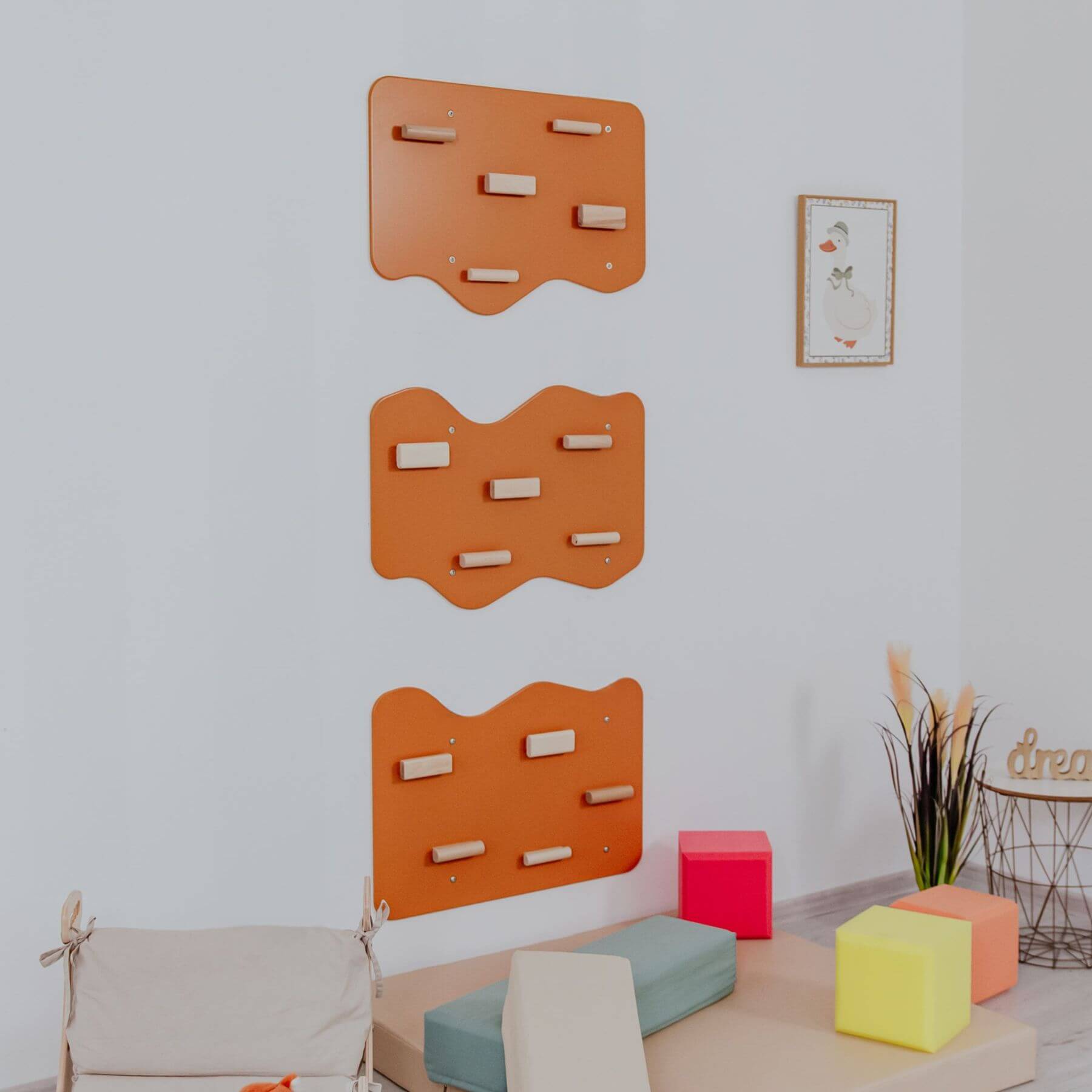 Wood and Hearts Indoor Rock Wall with Cloud-Shaped Panels & Wooden Climbing Holds - Terracotta
