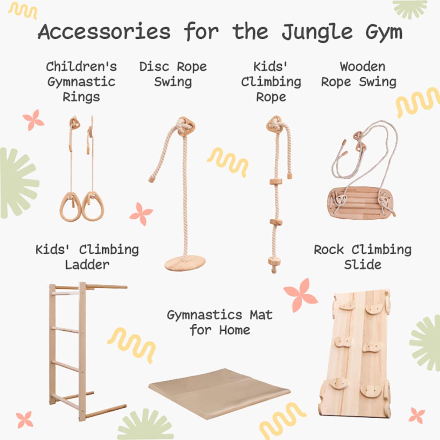 Illustrations of various accessories for a jungle gym with labels.