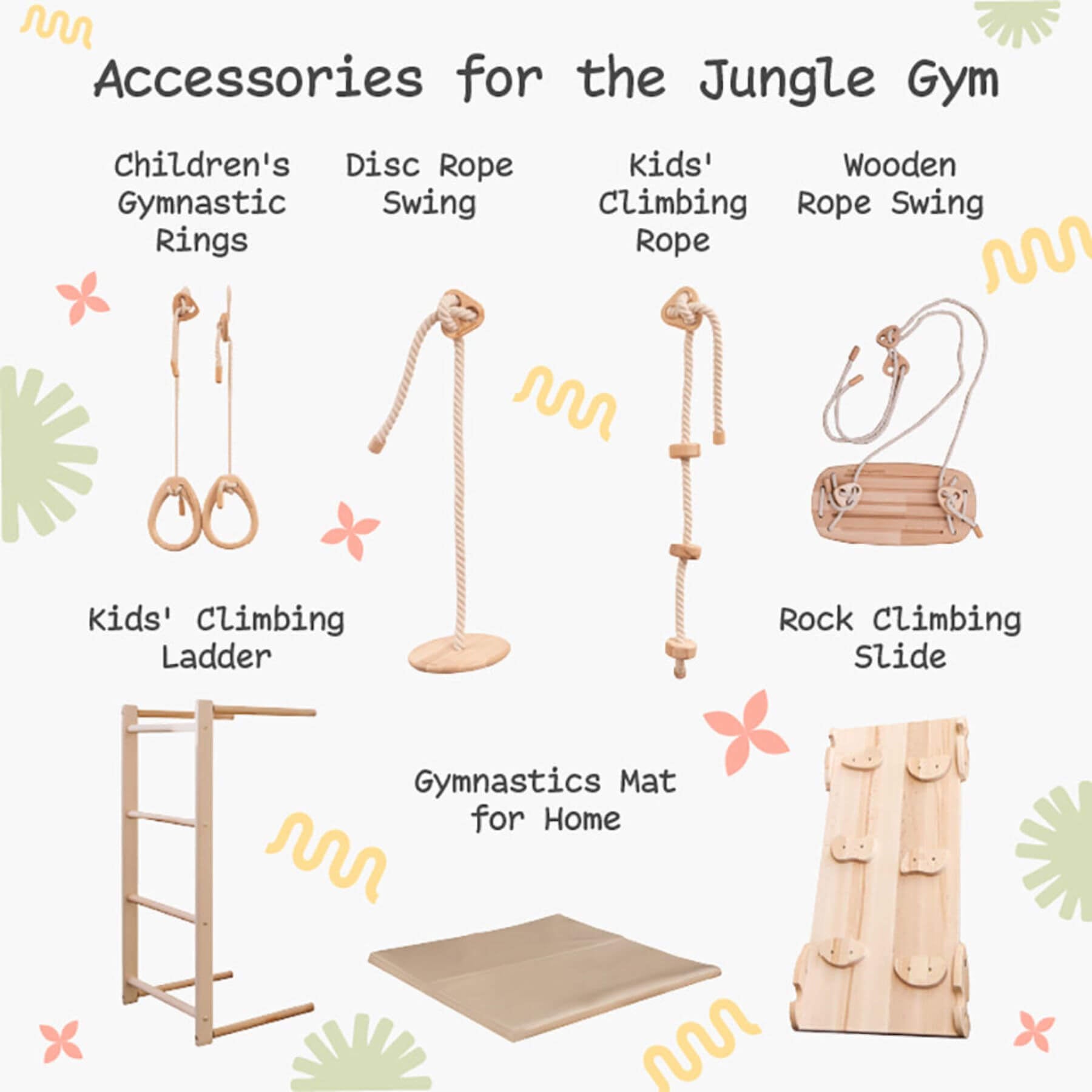 Illustrations of various accessories for a jungle gym with labels.