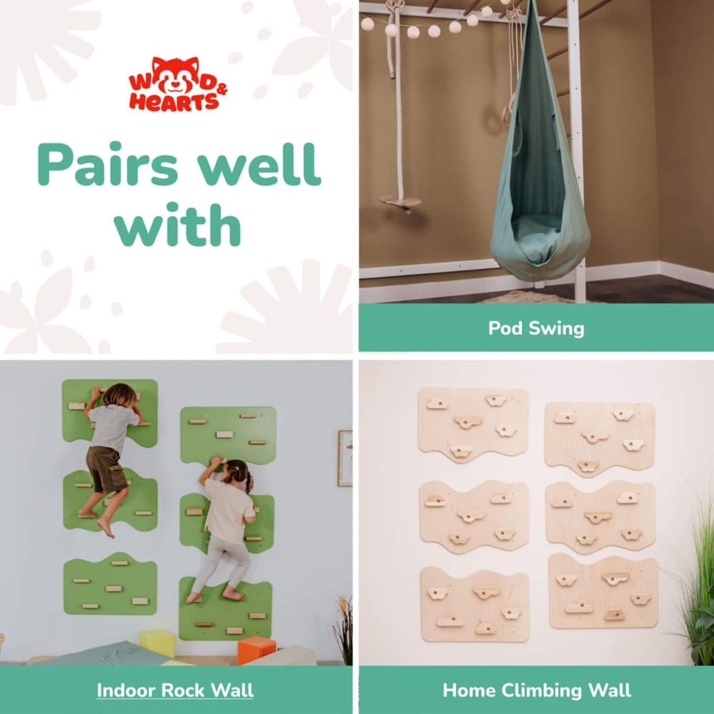 Promotional image for children's play equipment with 'Wood & Hearts' branding.