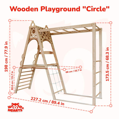 Wood and Hearts Kid Climbing Structure with dimensions labeled on a white background, featuring the brand 'Wood Hearts'.