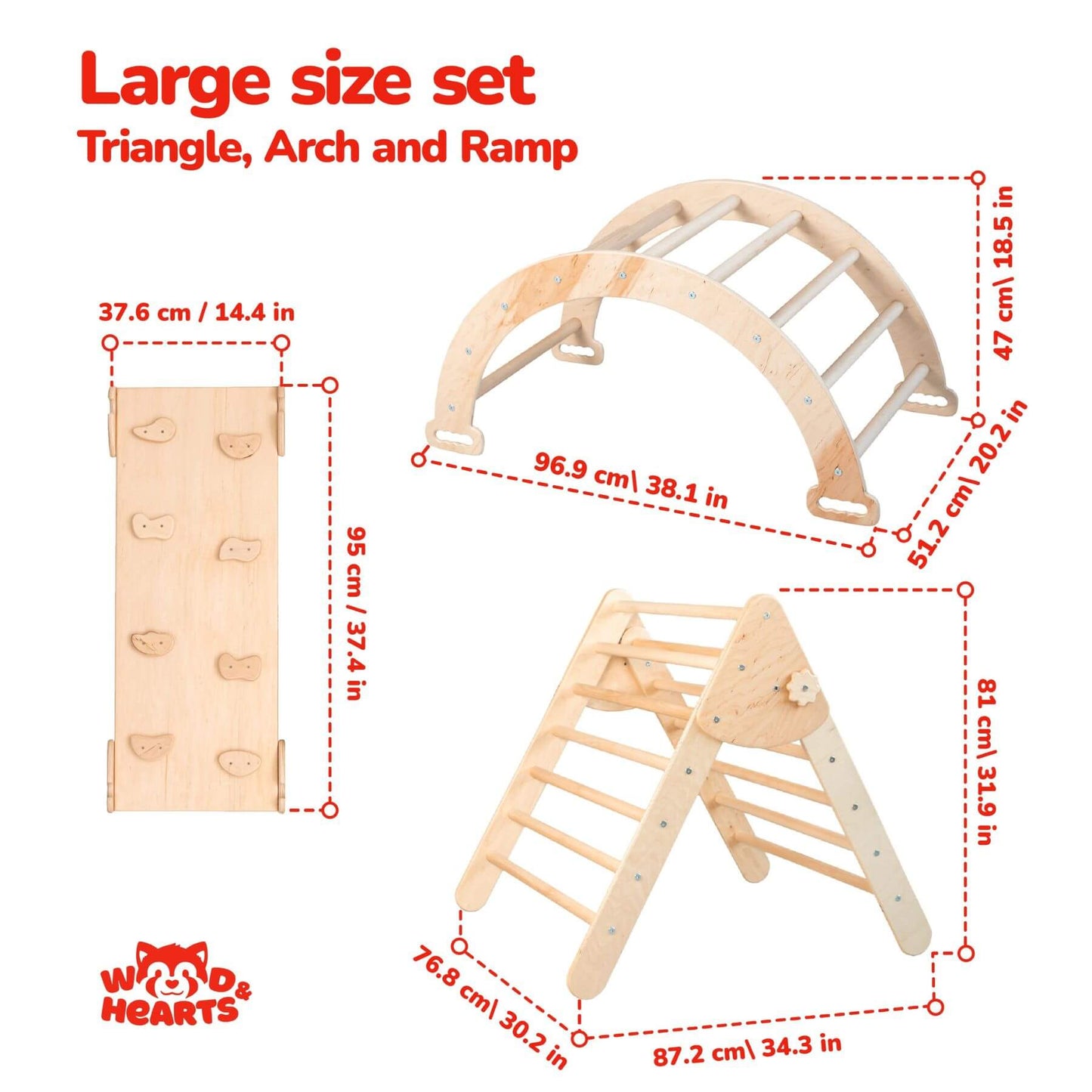 Wooden climbing set with triangle, arch, and ramp, including measurements and 'Woof Hearts' brand logo.