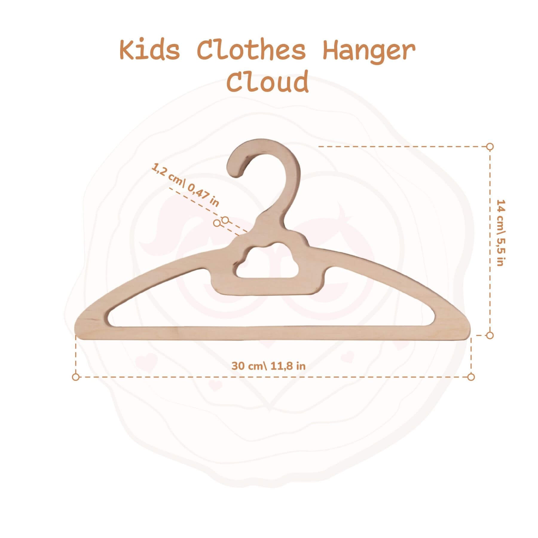 Wooden children's clothes hanger with dimensions on a white background