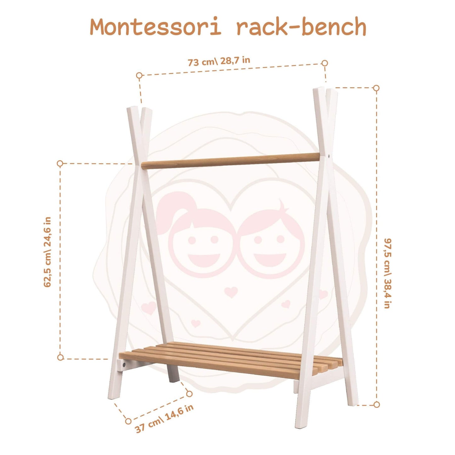 Wood and Hearts Toddler's Clothes Rack with dimensions on a white background