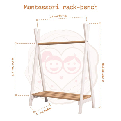 Wood and Hearts Toddler's Clothes Rack with dimensions on a white background