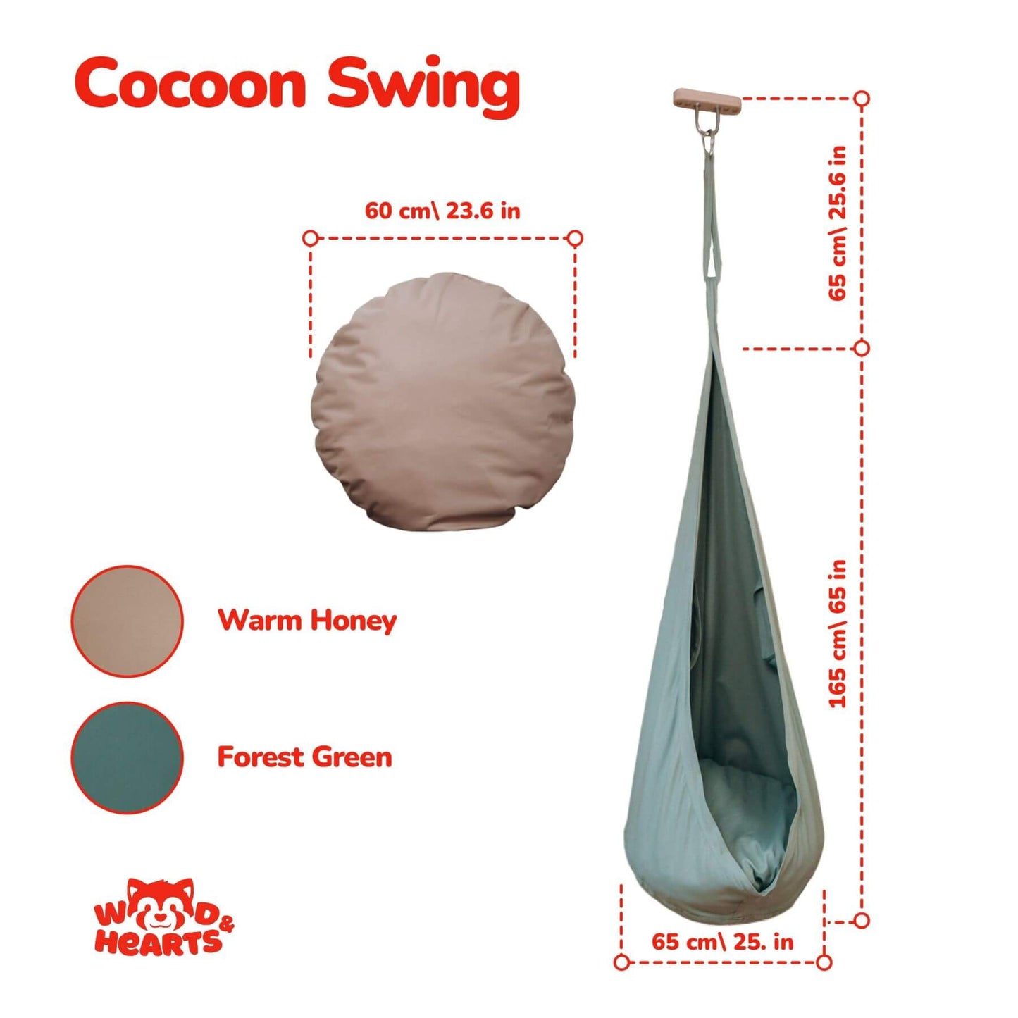 Cocoon Swing with dimensions and color options on a white background