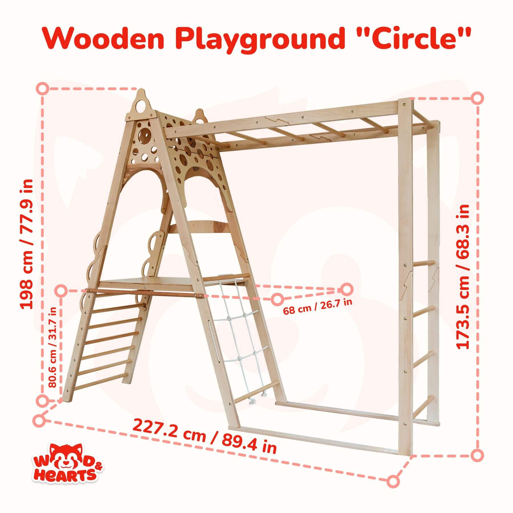 Wood and Hearts Wooden Playground with dimensions labeled on a white background, featuring the brand 'Wood Hearts'.