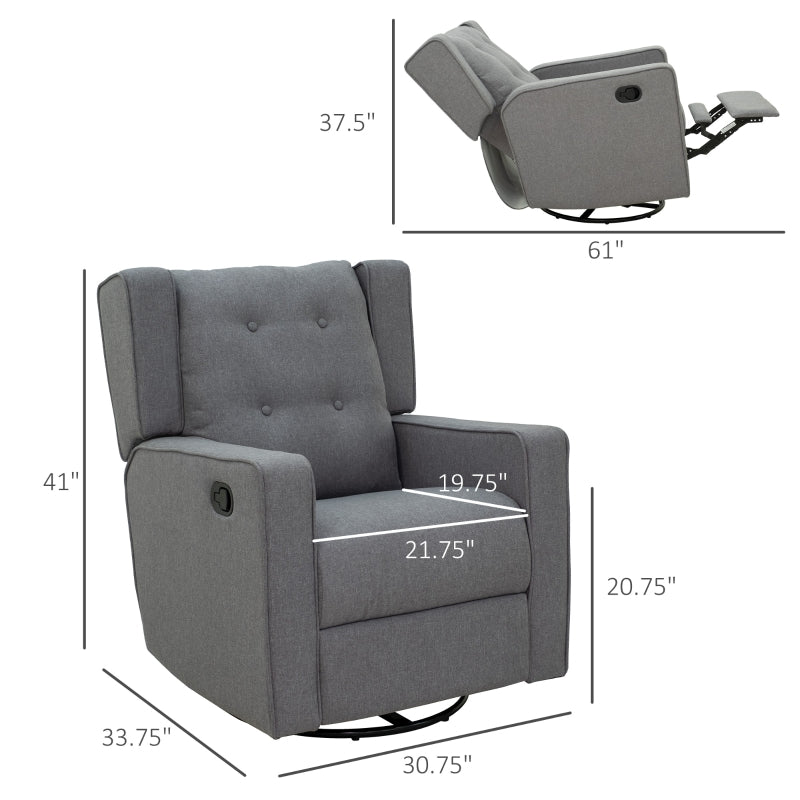 HOMCOM Nursery Recliner | Grey Linen Swivel Glider