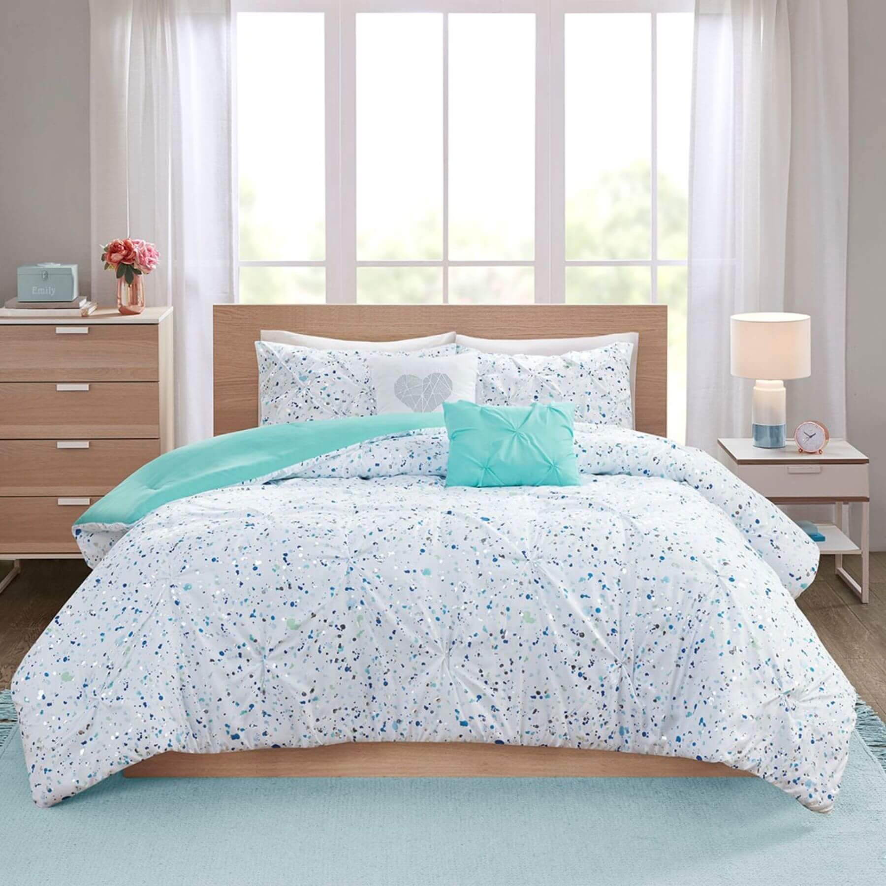 Abby Metallic Printed and Pintucked Comforter Aqua