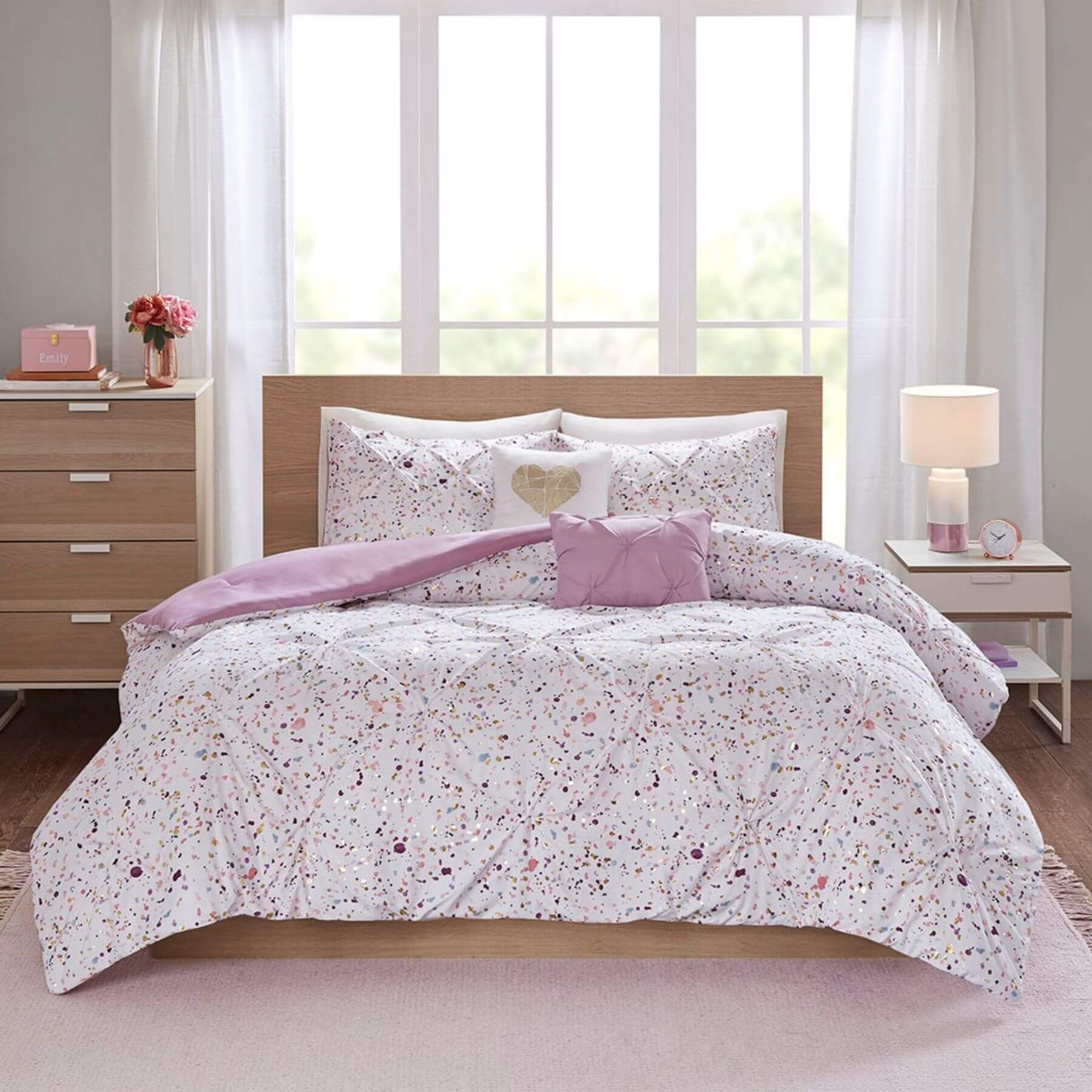 Abby Metallic Printed and Pintucked Comforter Plum