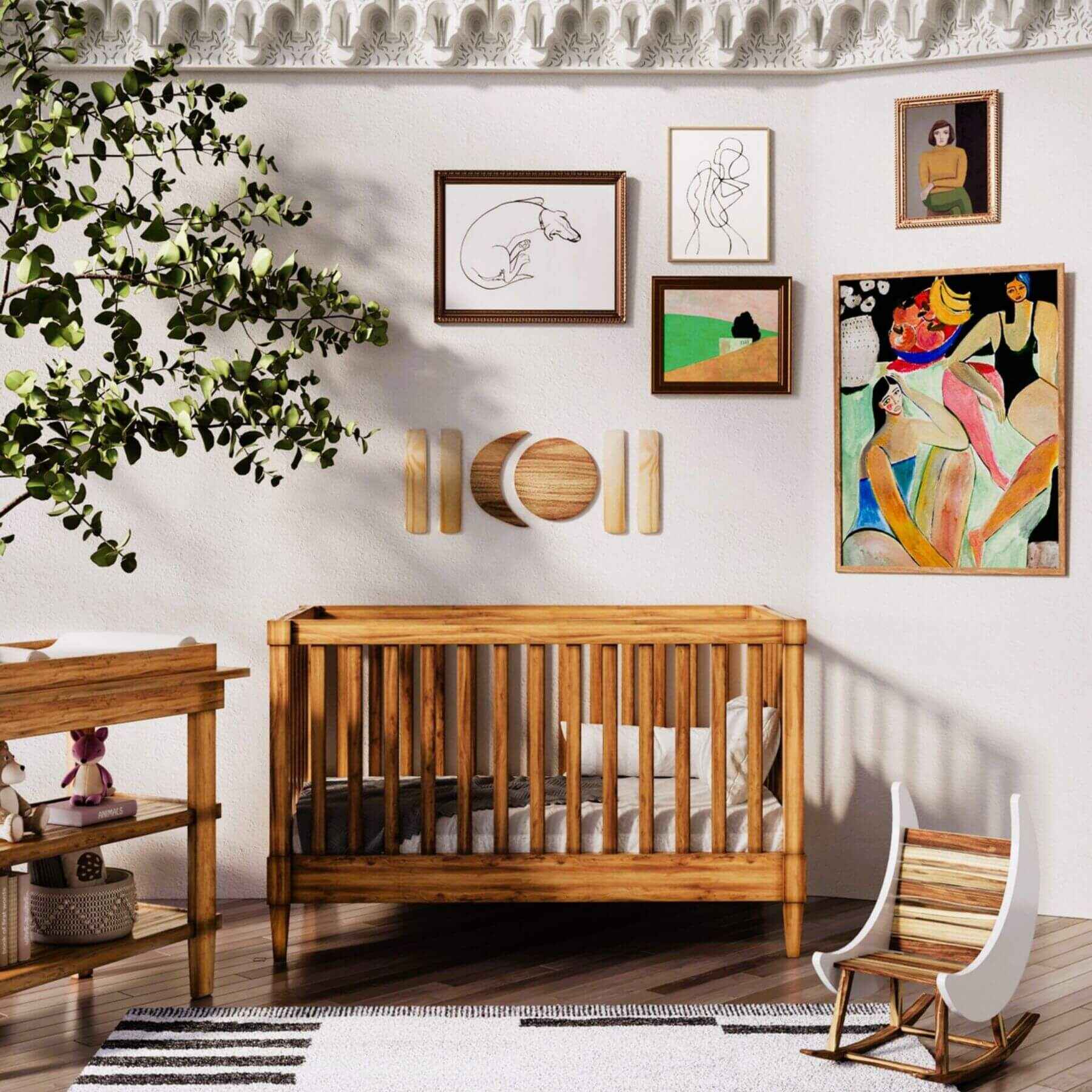 Nursery room with wooden crib, colorful wall art, and decorative elements.