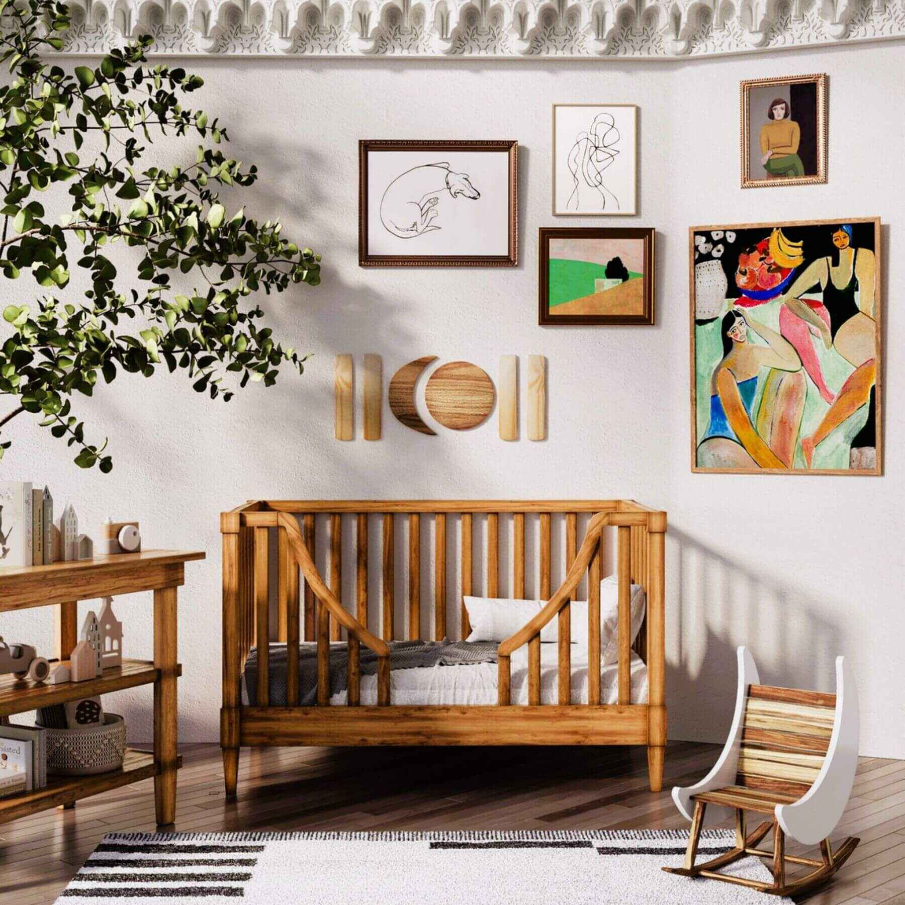 Wooden crib in a room with wall art and decor