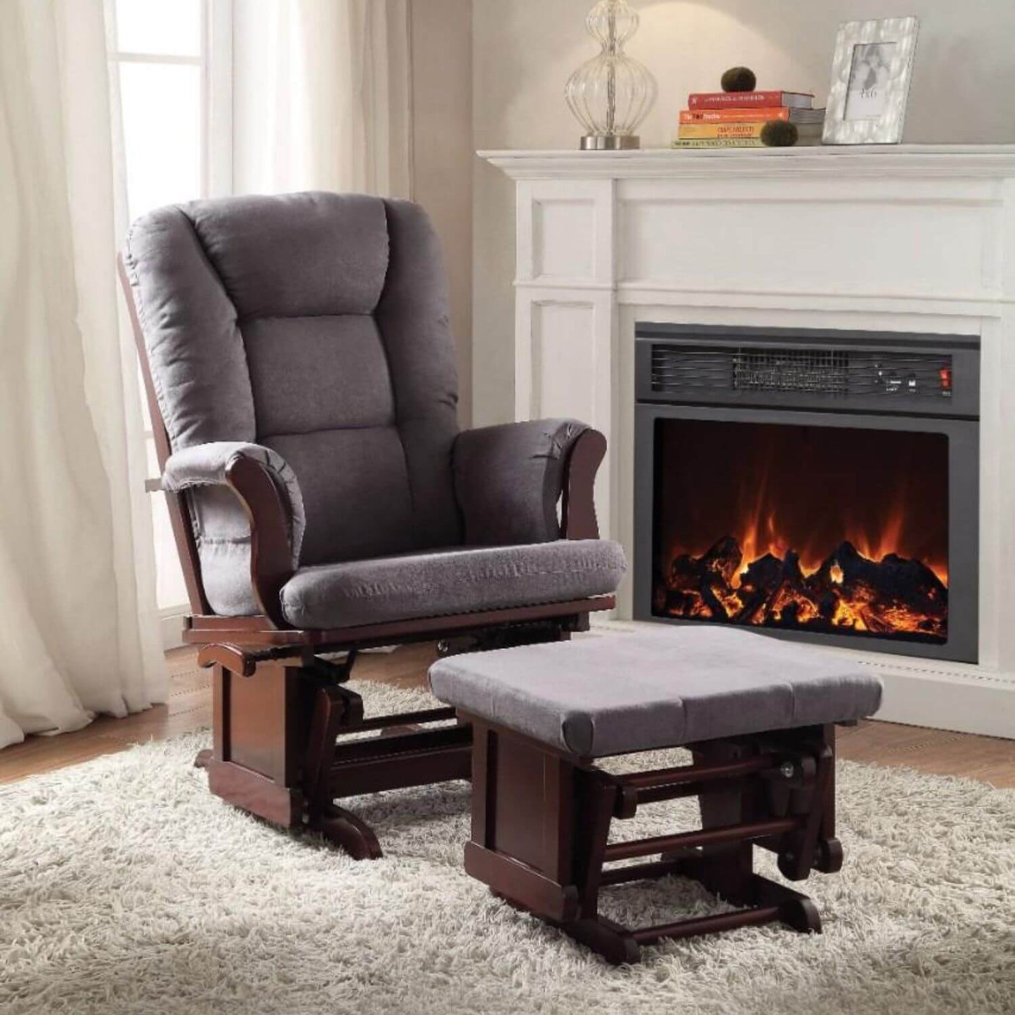 Benzara Aeron Glider with Ottoman Set | Gray and Brown