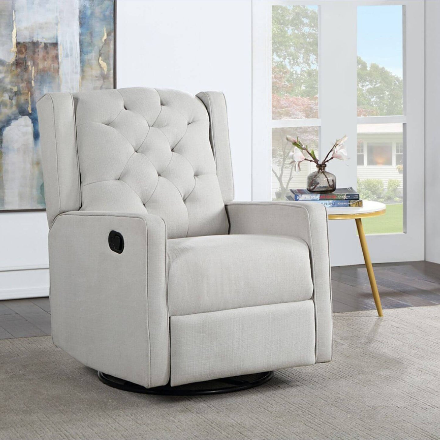 AFG Ava Gray Suede Fabric Upholstery Nursery Swivel Glider Recliner, Easy-to-pull Reclining Mechanism