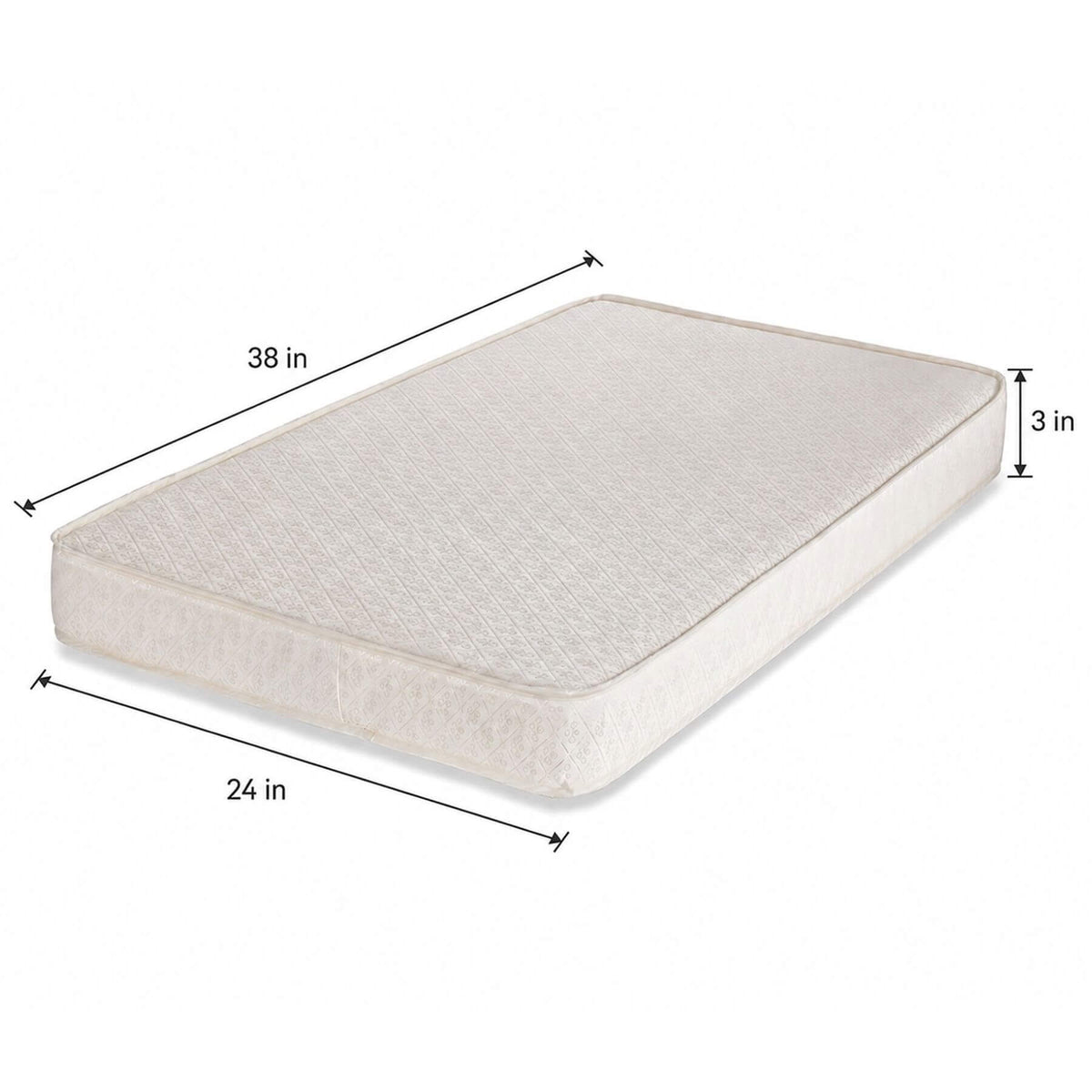 AFG Organic Cotton 3" Waterproof Mini Crib Mattress with dimension arrows and labels indicating 38 inches long, 24 inches wide, and 3 inches high.