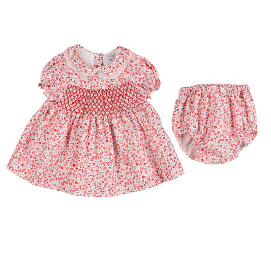 AGATHE | Girls Red Cotton Smocked Floral Dress