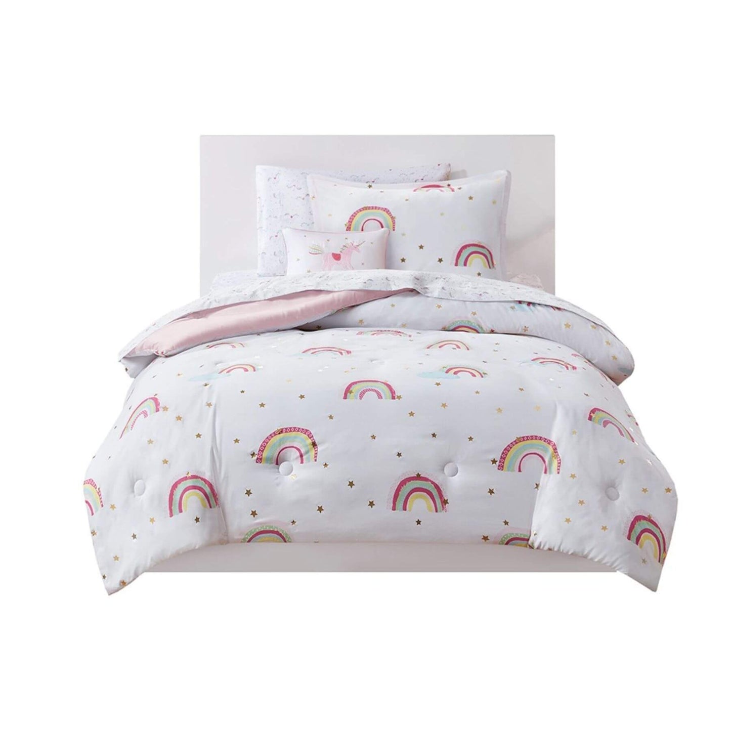 Alicia Rainbow and Metallic Stars Comforter Set White