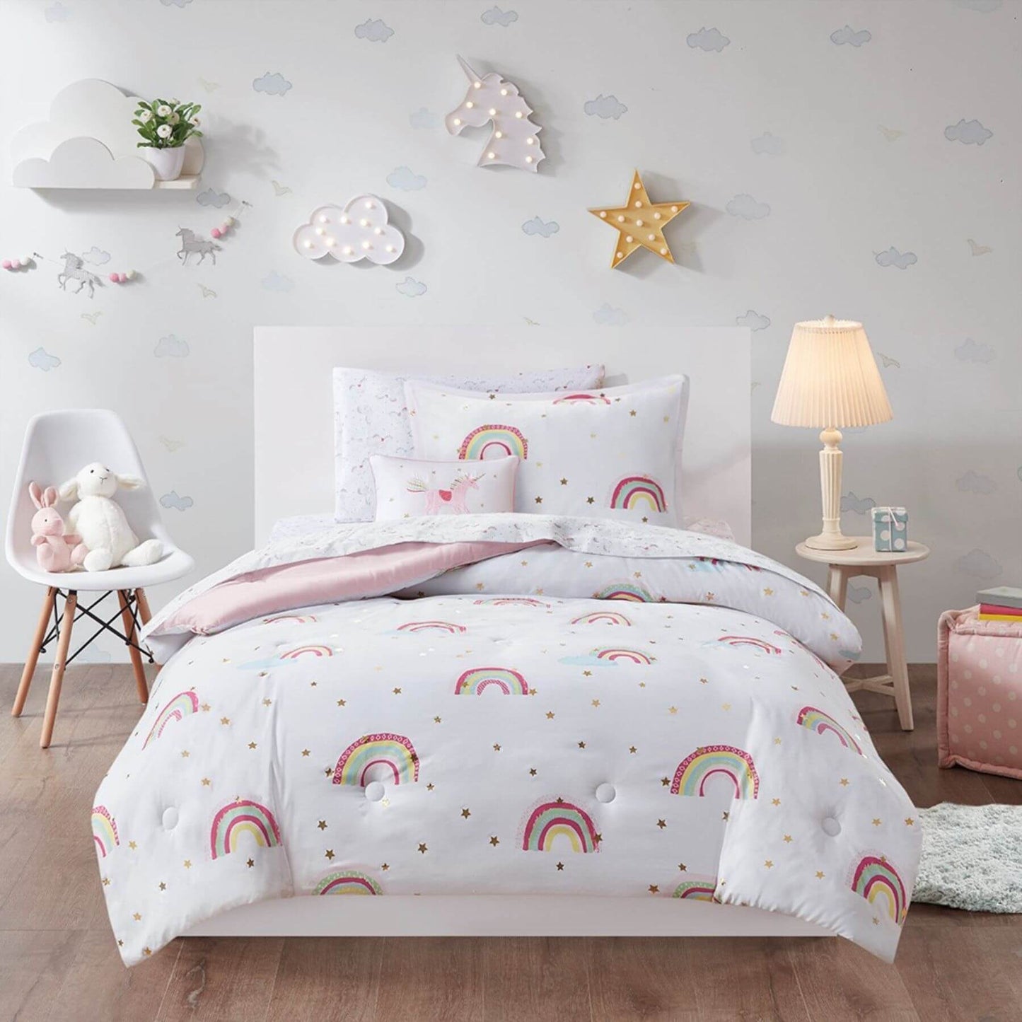 Alicia Rainbow and Metallic Stars Comforter Set White