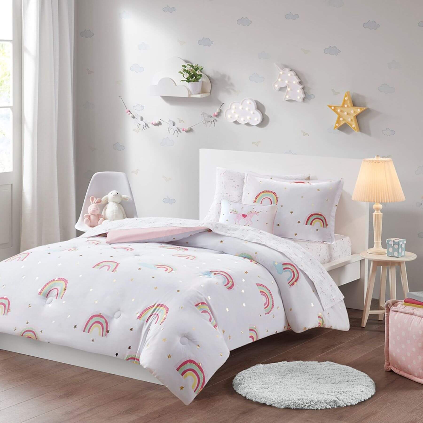 Alicia Rainbow and Metallic Stars Comforter Set White