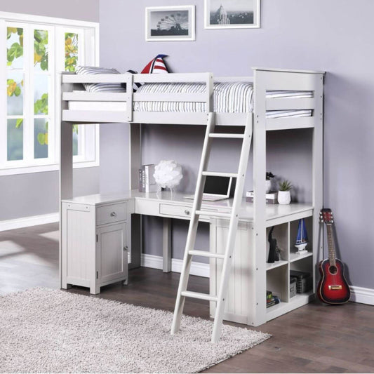 ACME Ambar Twin Loft Bed with Chest Desk & Bookcase | Light Gray
