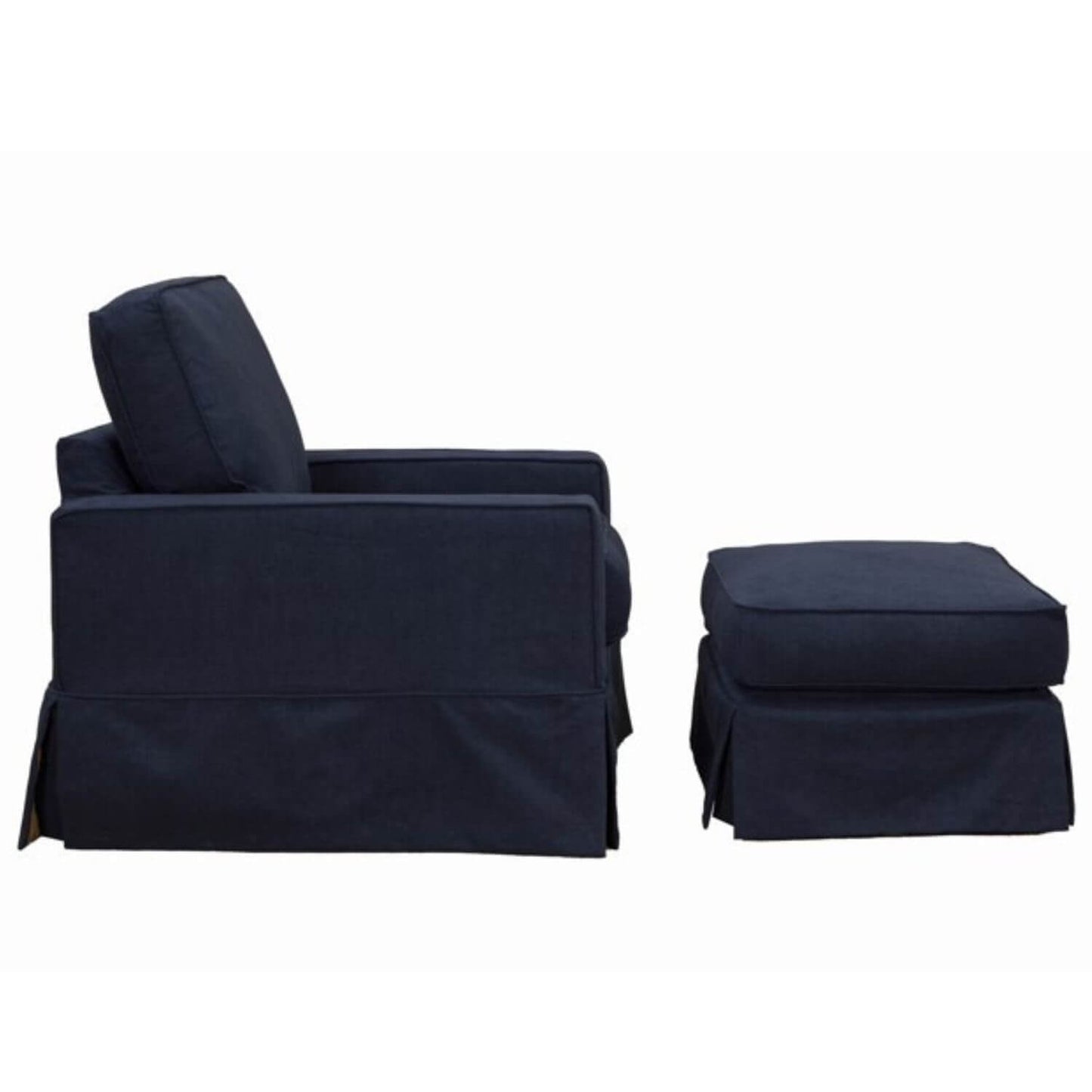 Sunset Trading Americana Slipcovered Chair & Ottoman Set | Navy Blue Performance Fabric