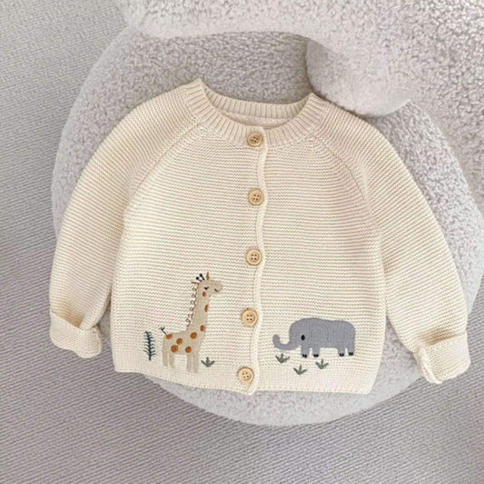 Animal Embroidery Sweater Cardigan on a soft gray background