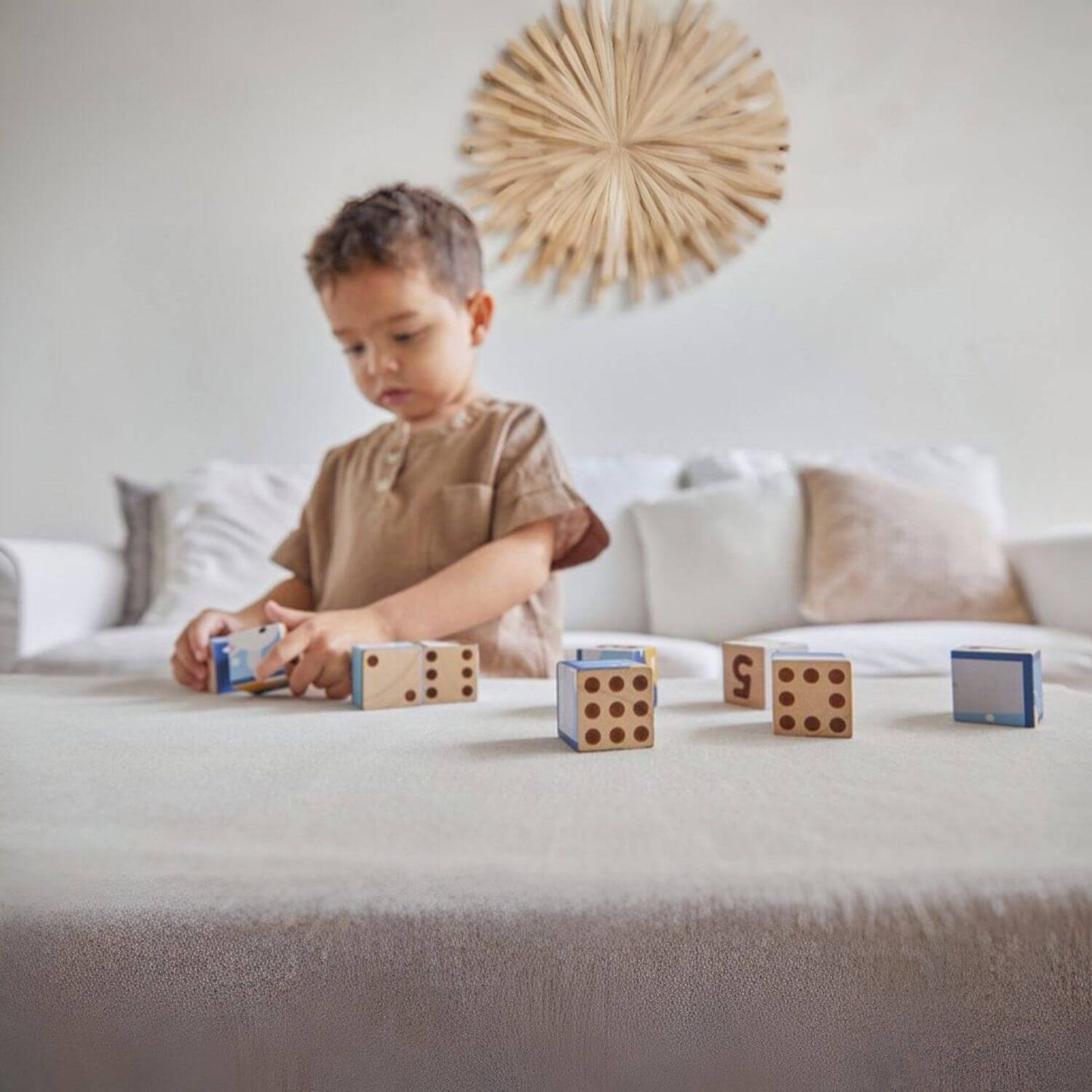 Boy Playing PlanToys Animal Puzzle Cubes