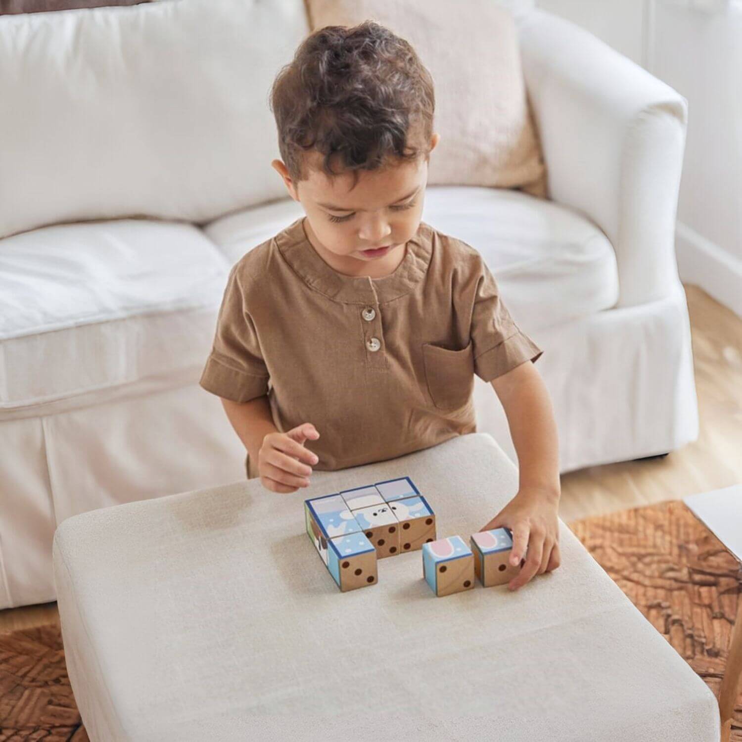 Boy Playing PlanToys Animal Puzzle Cubes