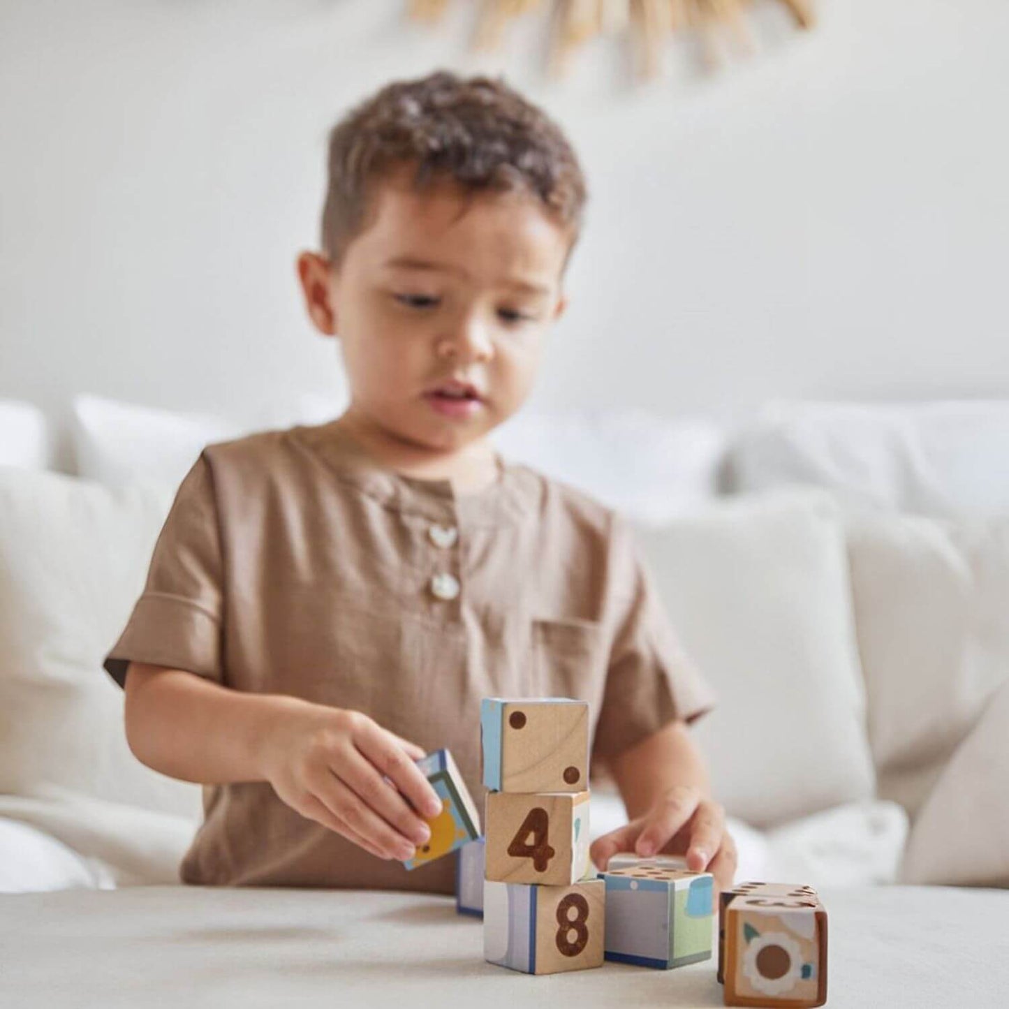 Boy Playing PlanToys Animal Puzzle Cubes