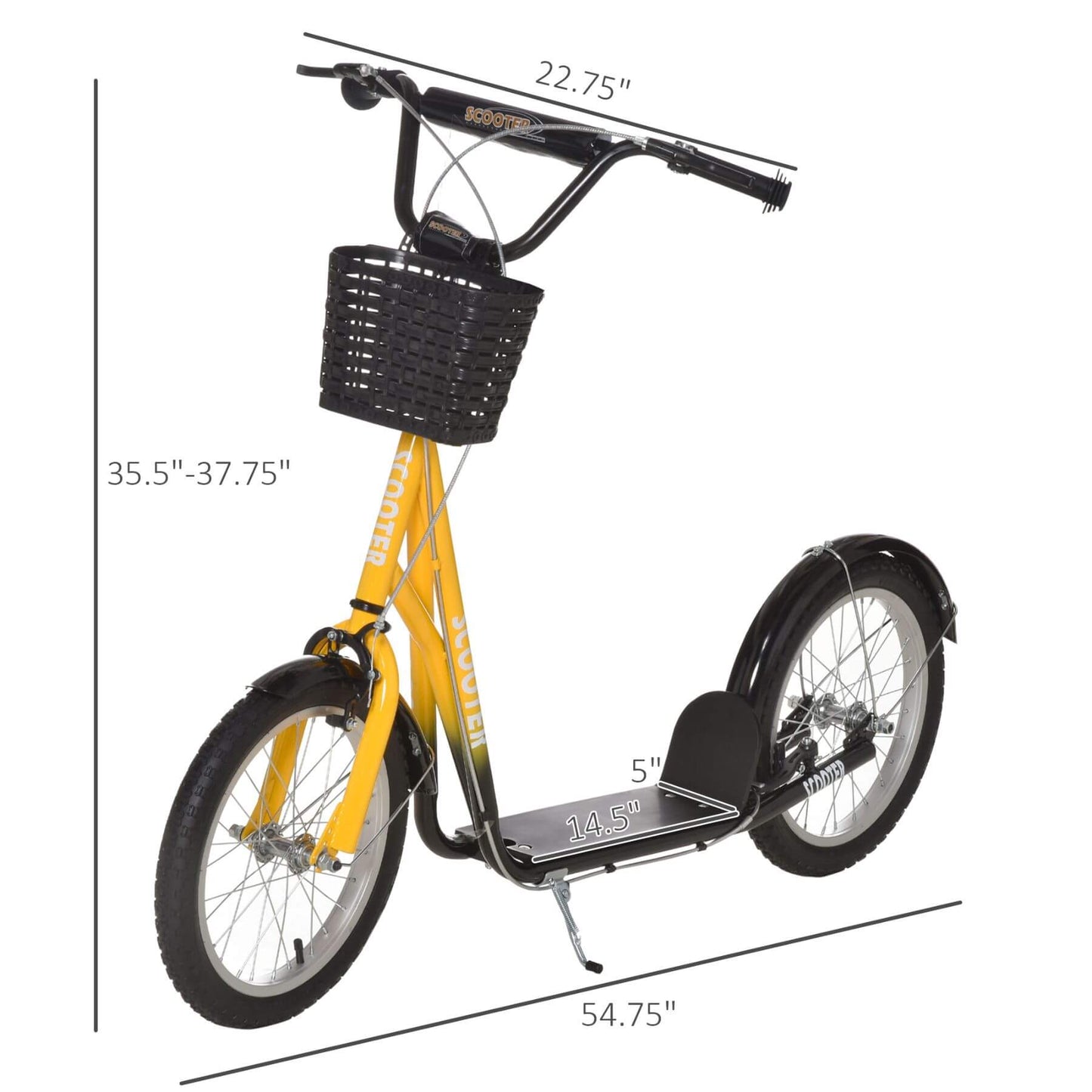 Aosom Youth Scooter - Yellow and measurements on a white background