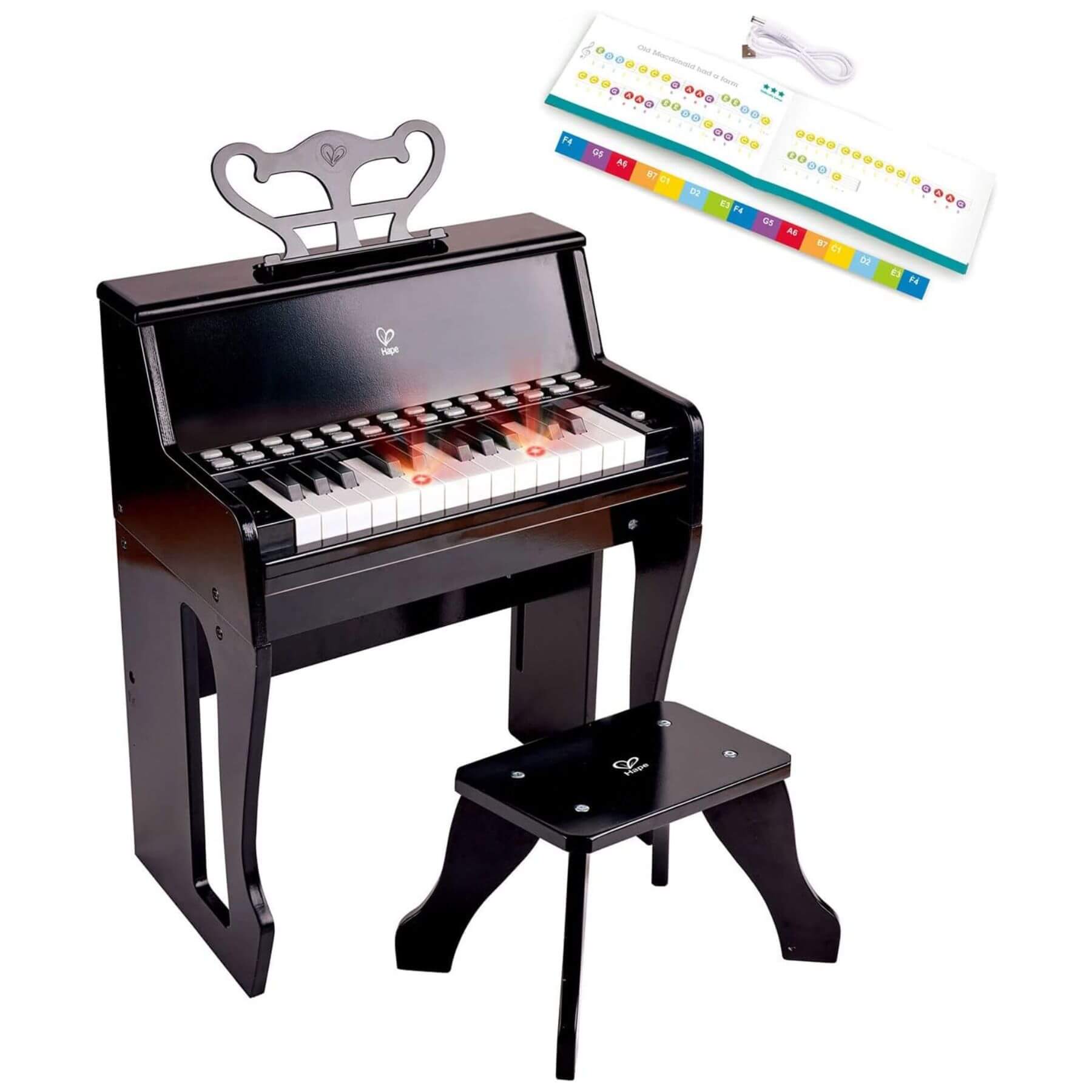Hape Learn with Lights Black Piano w/ Stool