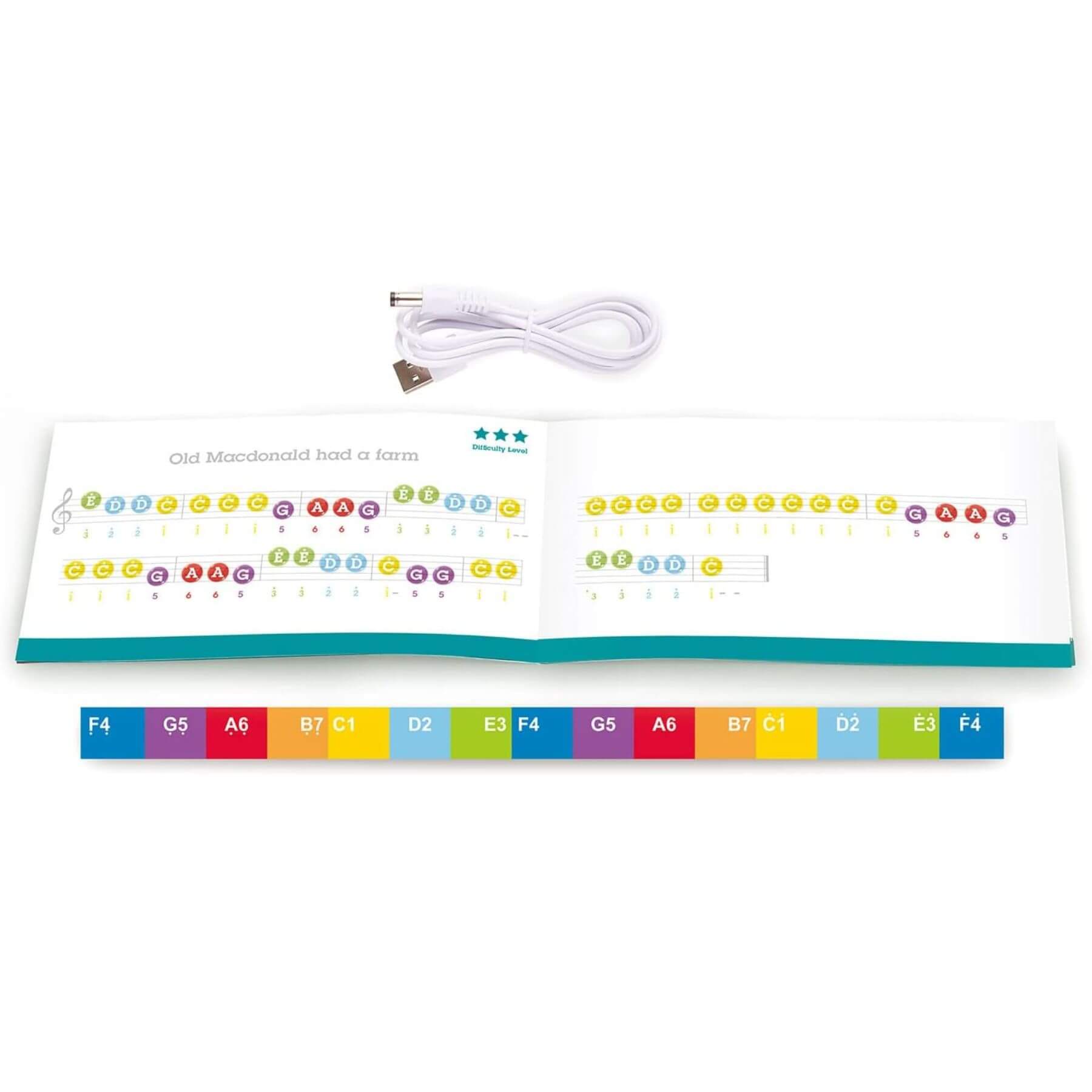 Colorful keyboard with musical notes on a white background