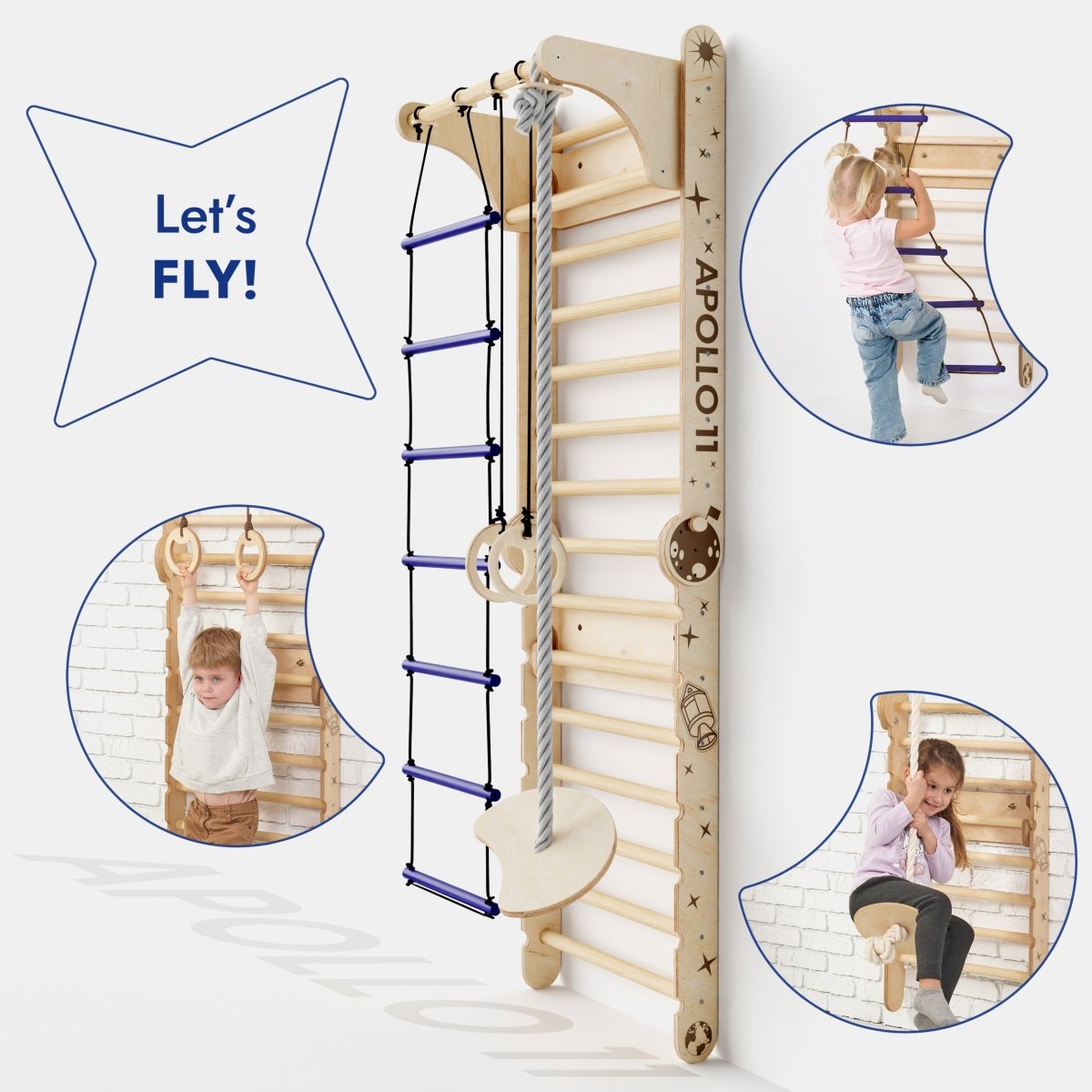 Children's wooden climbing frame with ladder and rope, featuring Apollo brand, on a white background.