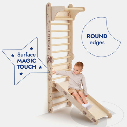 Child playing on a wooden climbing toy with features highlighted on a white background