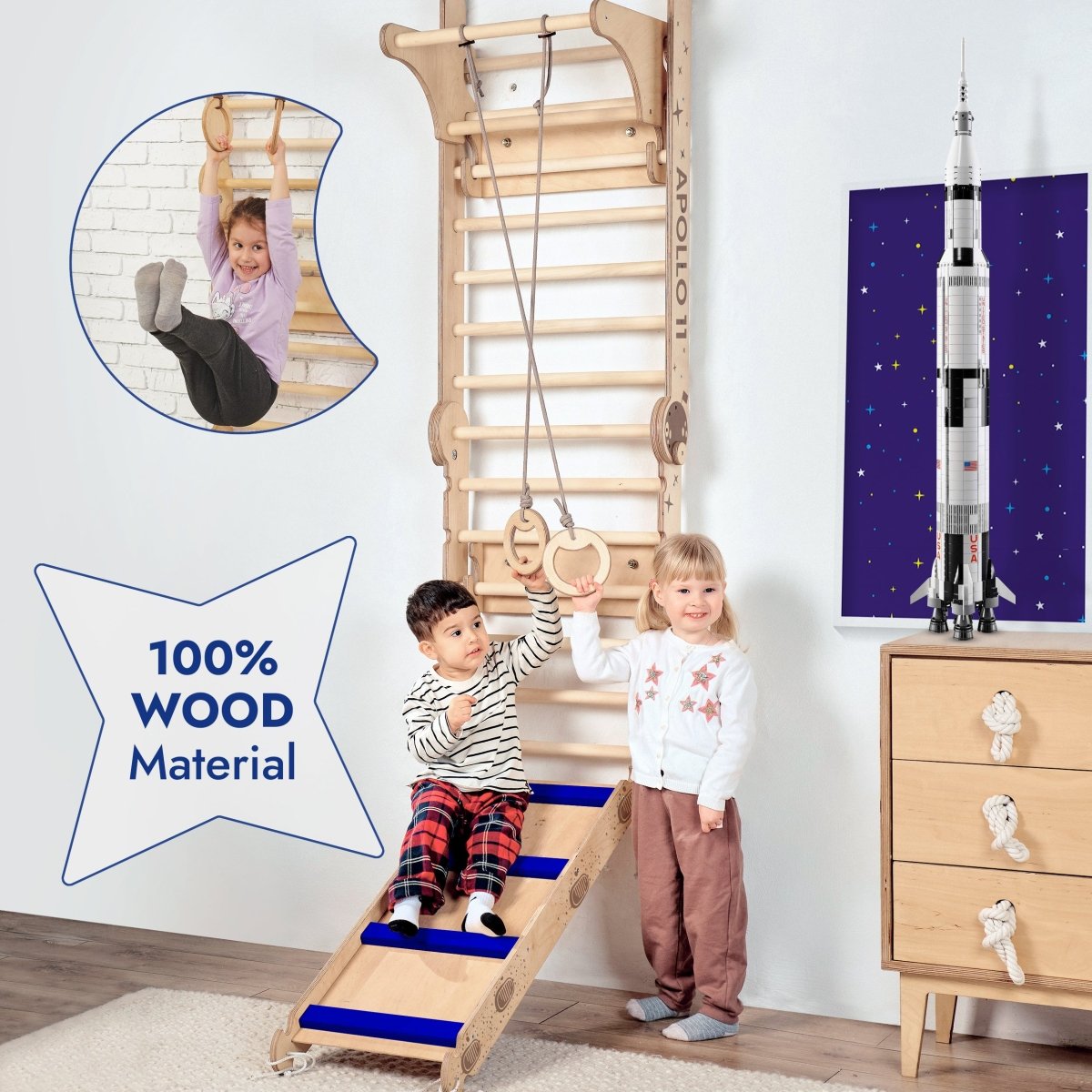 Goodevas Apollo Swedish Wall / Climbing ladder for Little Austronauts + Moon swing Set + Slide Board