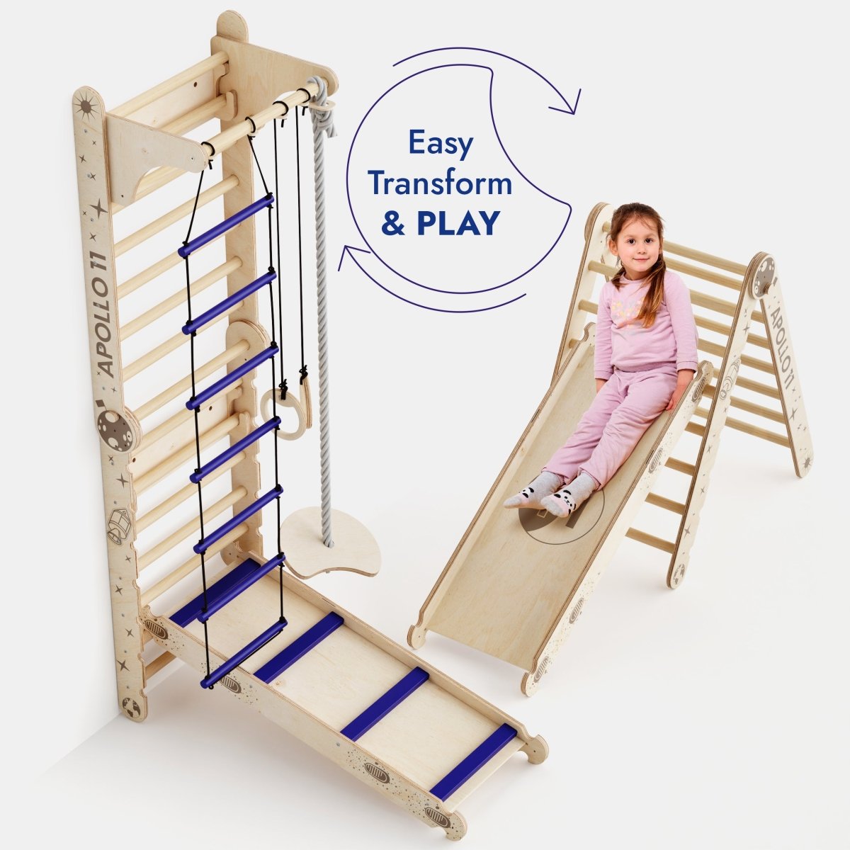 Children's wooden play structure with slide, ladder, and swing, featuring the brand 'Apollo'.