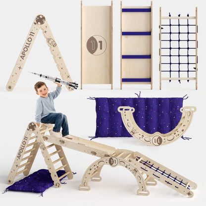 Goodevas Apollo 5in1 Climbing Set and a boy sitting on the climber
