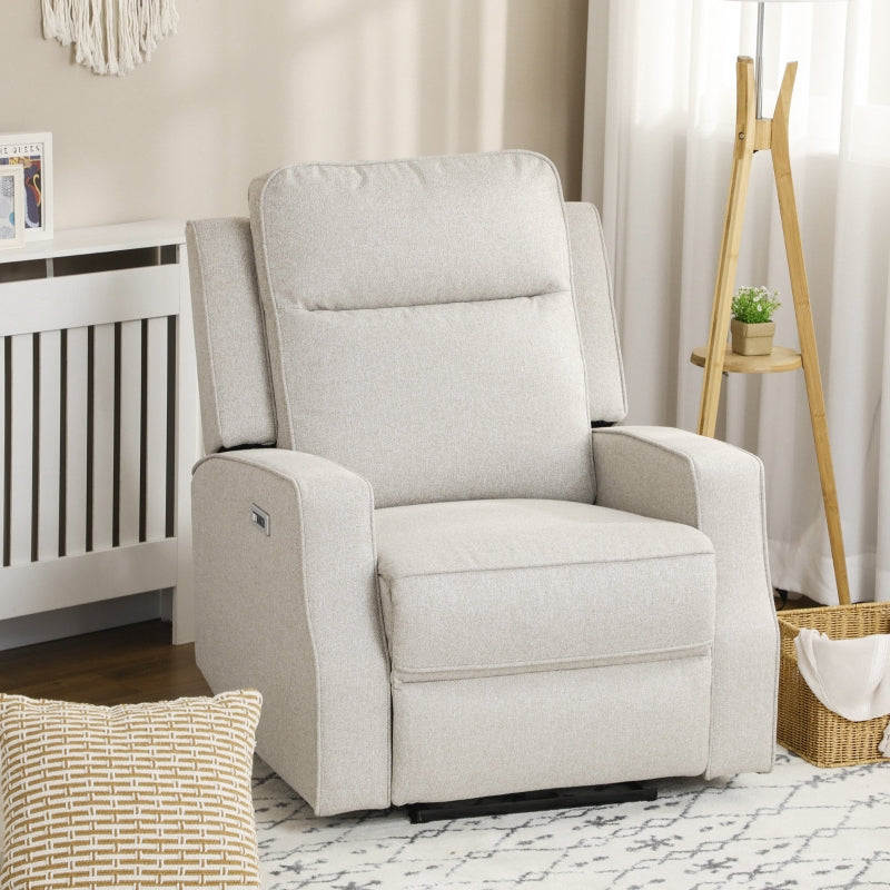 HOMCOM Electric Power Nursery Recliner | Cream White Linen Upholstery Armchair