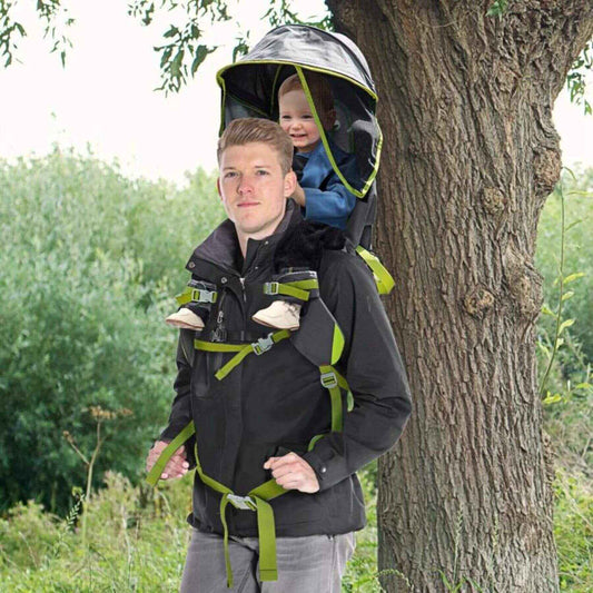 Man Carrying Baby with Qaba Baby Backpack Carrier for Hiking with Detachable Canopy Dark Gray