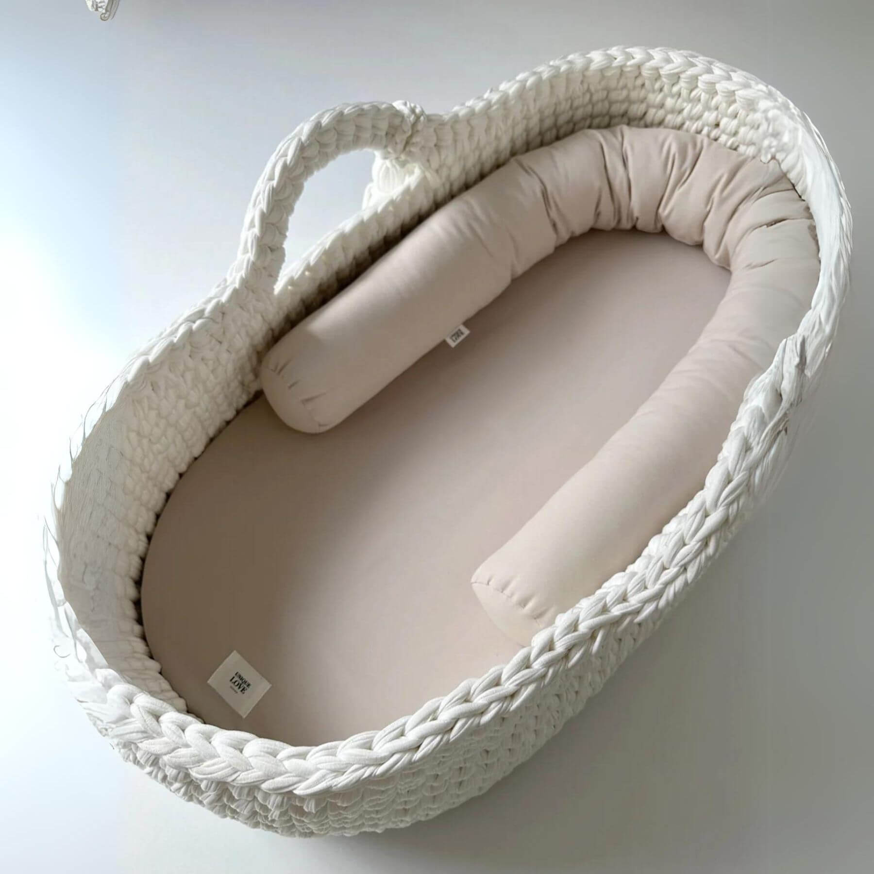 Unique Love Design Baby Basket Bed Snake Natural Beige inside of Basket