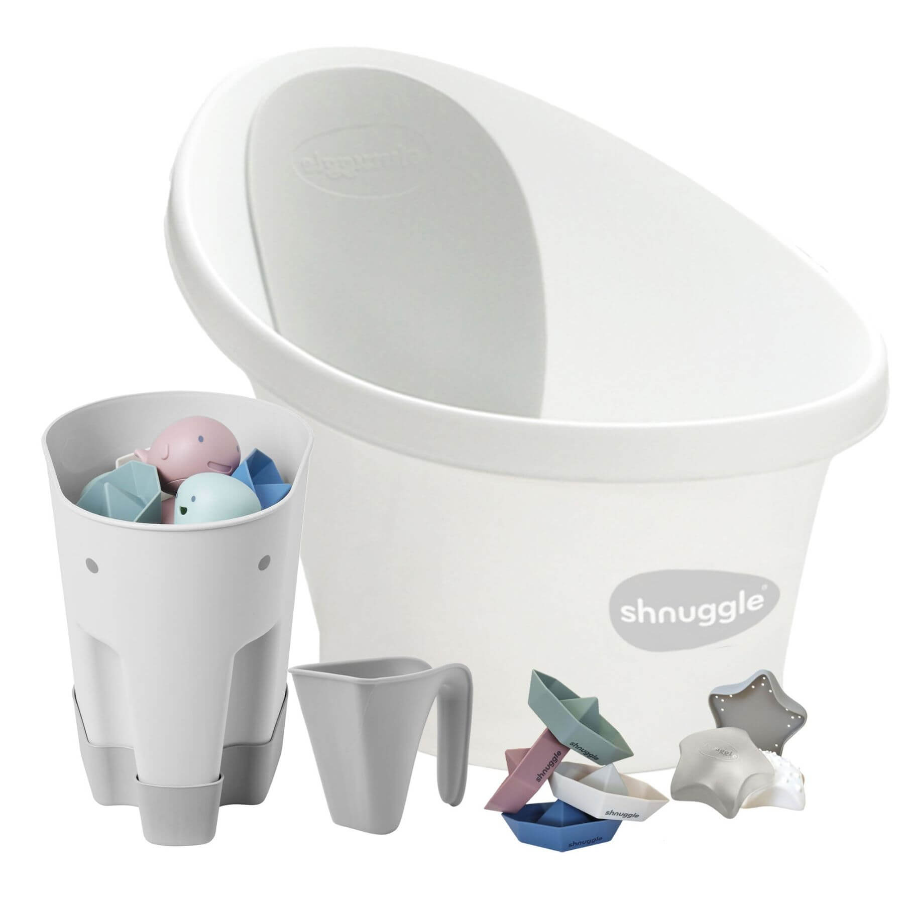 Shnuggle Newborn Bundle: Baby Bath & Accessories Bundle - White & Grey