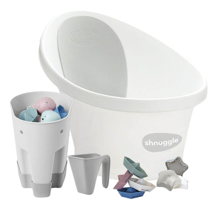 Shnuggle Newborn Bundle: Baby Bath & Accessories Bundle - White & Grey