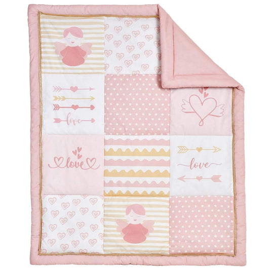 Pink baby quilt with heart and love designs on a white background
