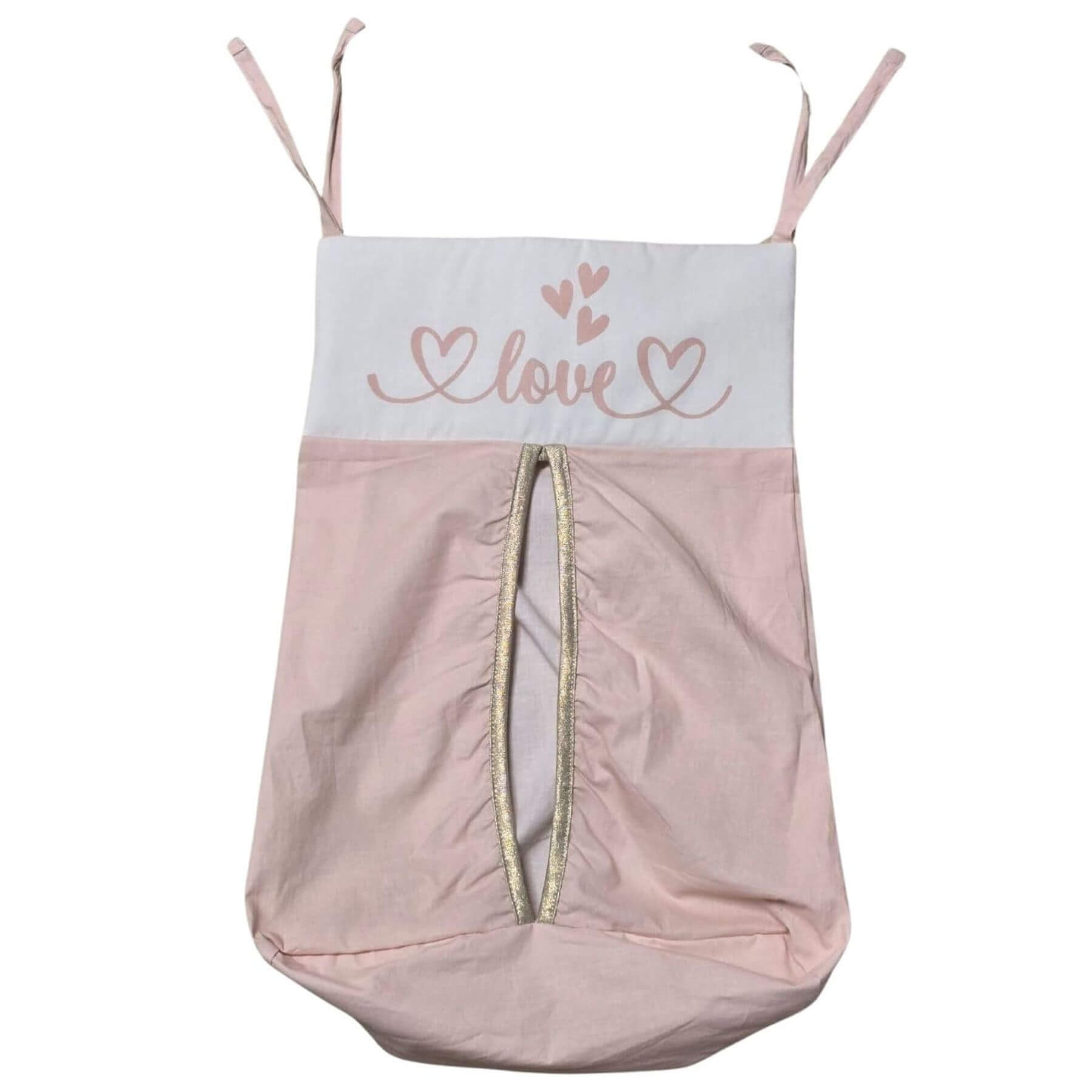 Pink baby bag with 'love' and heart designs on a white background
