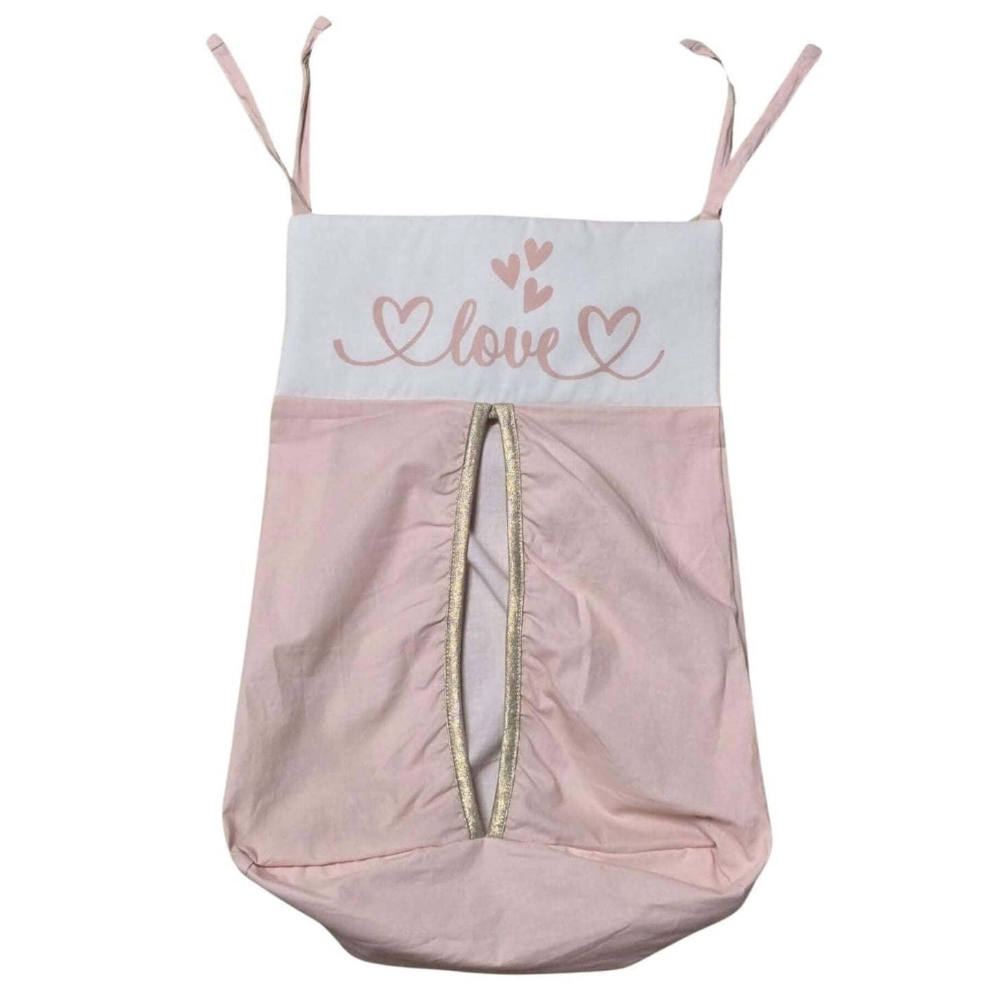 Pink baby bag with 'love' and heart designs on a white background