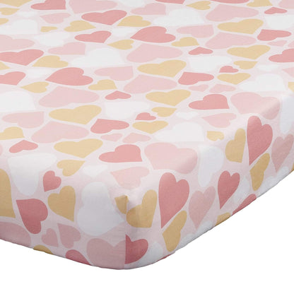 Fitted sheet with pink and yellow heart pattern on a white background