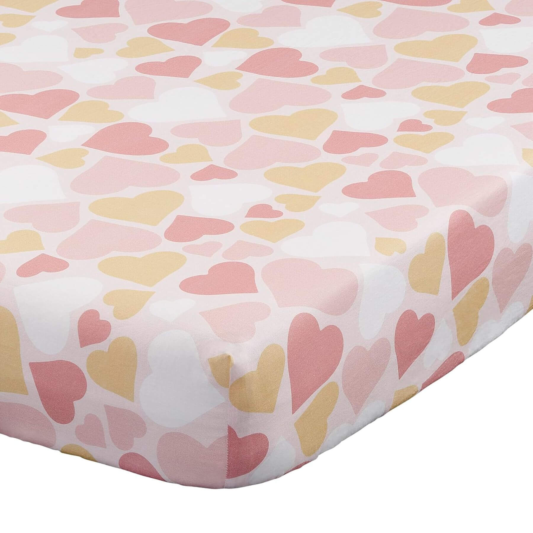 Fitted sheet with pink and yellow heart pattern on a white background
