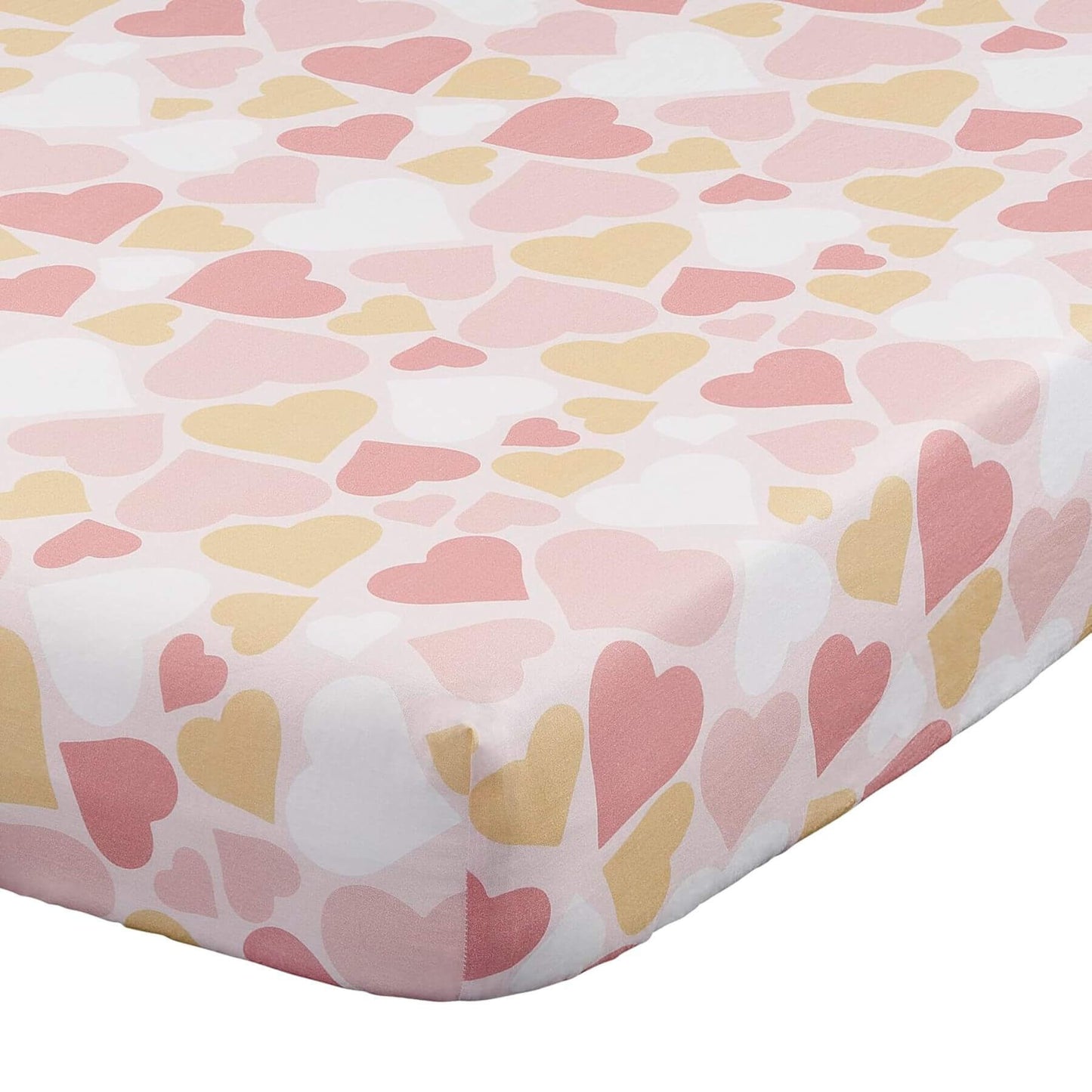 Fitted sheet with pink and yellow heart pattern on a white background